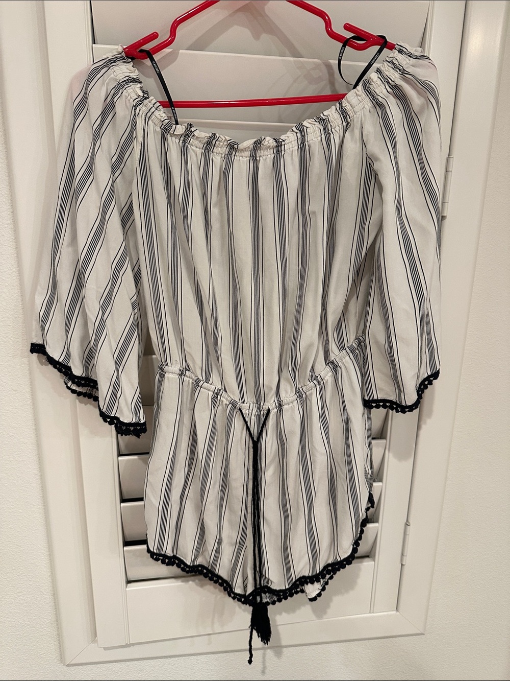 Forever 21 White and Black Striped Off-Shoulder Romper